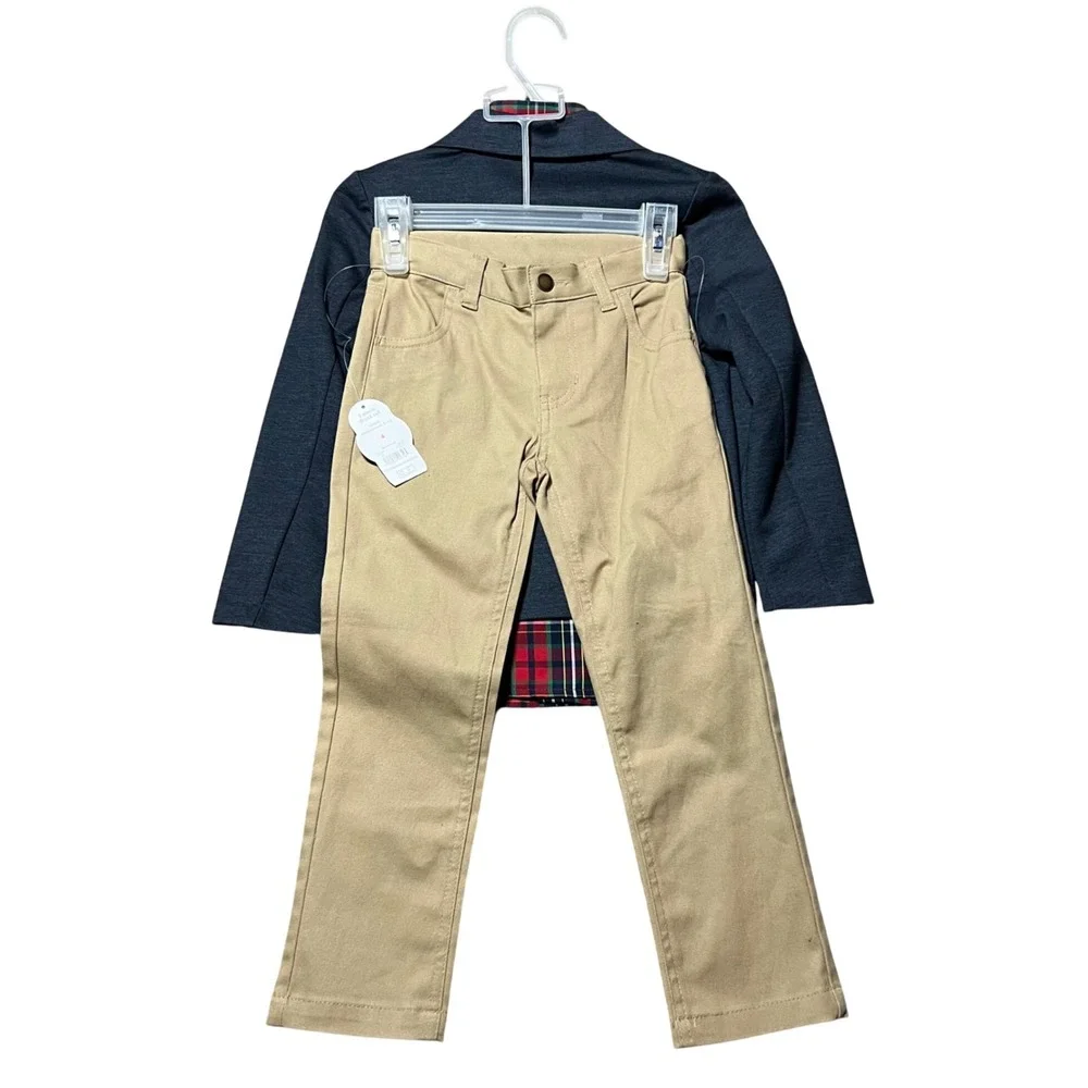Wonder‎ Nation Boys 3 Piece Suit Dress Set Navy Blazer Plaid Khaki Pants Size 4